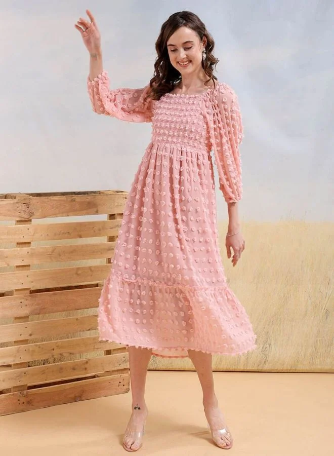 مرفوعة Women Fit and Flared Textured Square Neck Long Sleeve Maxi Dress