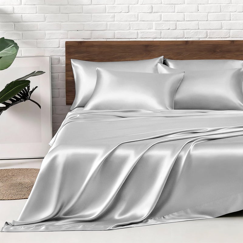 MRHM Satin Bed Sheets King Size Sheets Set 6 Pcs Silky Bedding Set with 15 Inches Deep Pocket for Mattress King Silver Grey