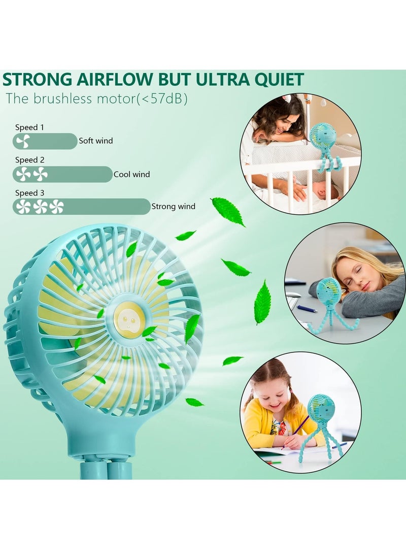 Mini Handheld Personal Portable Fan, Baby Stroller Fan, Car Seat Fan, USB or 2000mAh Battery Powered, with Flexible Tripod Clip on Student Bed Desk Bike Crib Treadmill Camping Traveling (Green) - Image 3