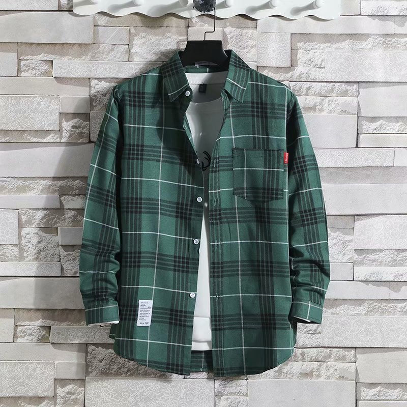 Spring and Autumn Thin Plaid Long-sleeved Shirt Mens Loose Ins Fashionable Korean Style Shirt Mens Work Clothes for Construction Site Green 6670