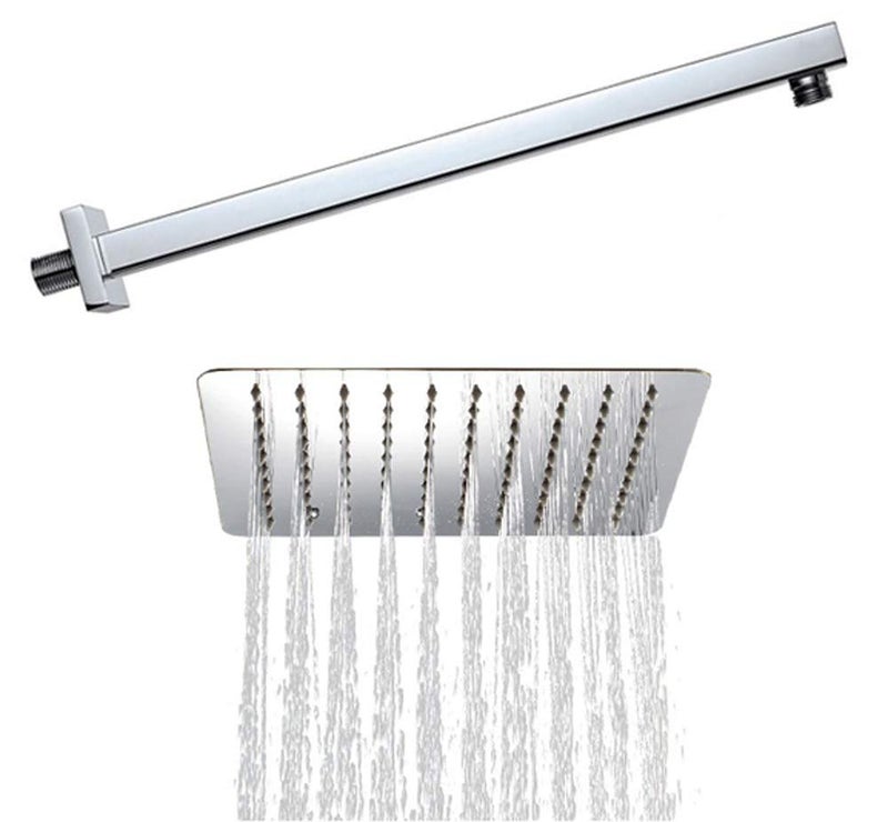 MLD MLD ultra slim square rain shower Stainless Steel 4 inch 10 cm for bathroom With 18 inch long shower arm Silver, Chrome Finish - Image 1