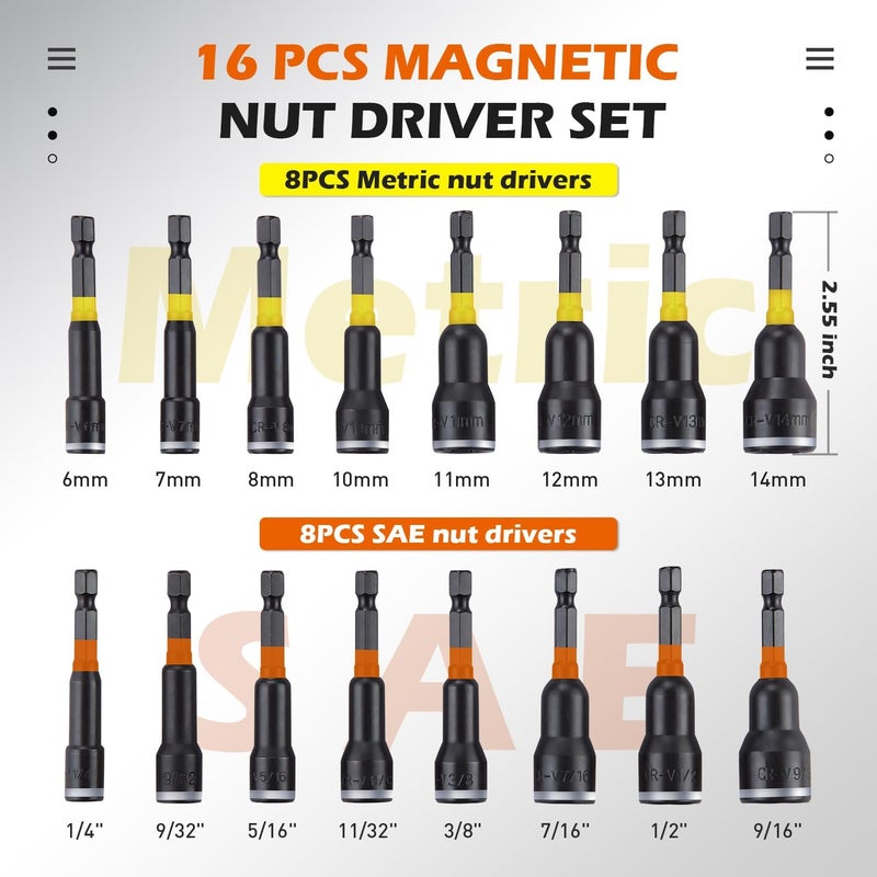 AKM TOOL 16Pcs Magnetic Nut Driver Set, Nut Driver Set for Impact Drill, 1/4" Quick-Change Hex Shank | SAE & Metric | Cr-V Steel, Impact Nut Driver Set, Nut Drivers for Stainless Steel Bolts - Image 2