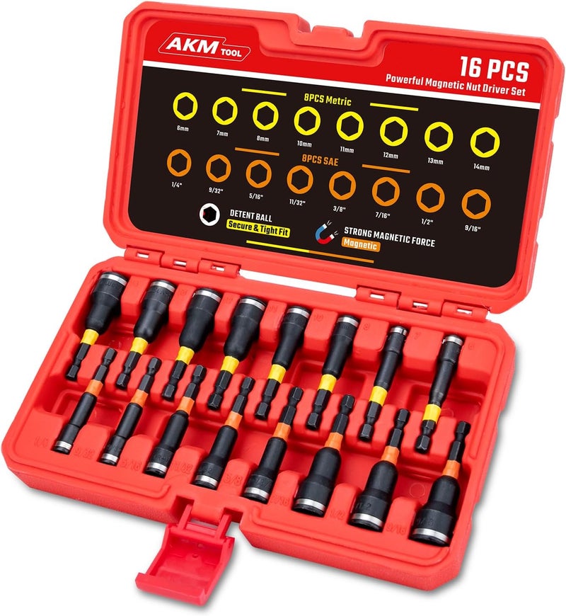 AKM TOOL 16Pcs Magnetic Nut Driver Set, Nut Driver Set for Impact Drill, 1/4" Quick-Change Hex Shank | SAE & Metric | Cr-V Steel, Impact Nut Driver Set, Nut Drivers for Stainless Steel Bolts - Image 1