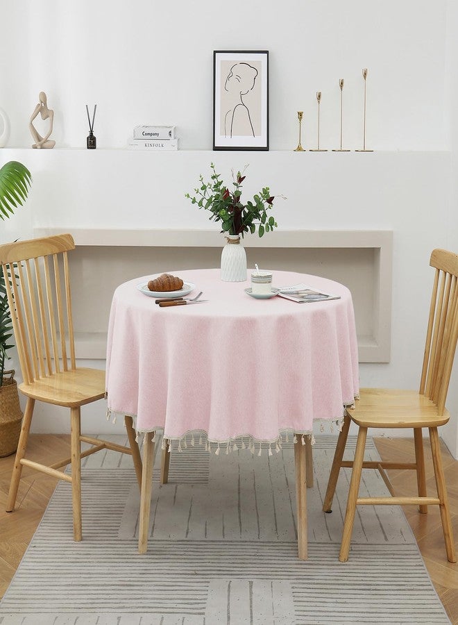 Qubjus Round Textured Tablecloth Waterproof Cotton Linen Tassel Wrinkle Free Washable Decorative Fabric Table Cover for Kitchen Dining Table, Round-48, Pink - Image 4