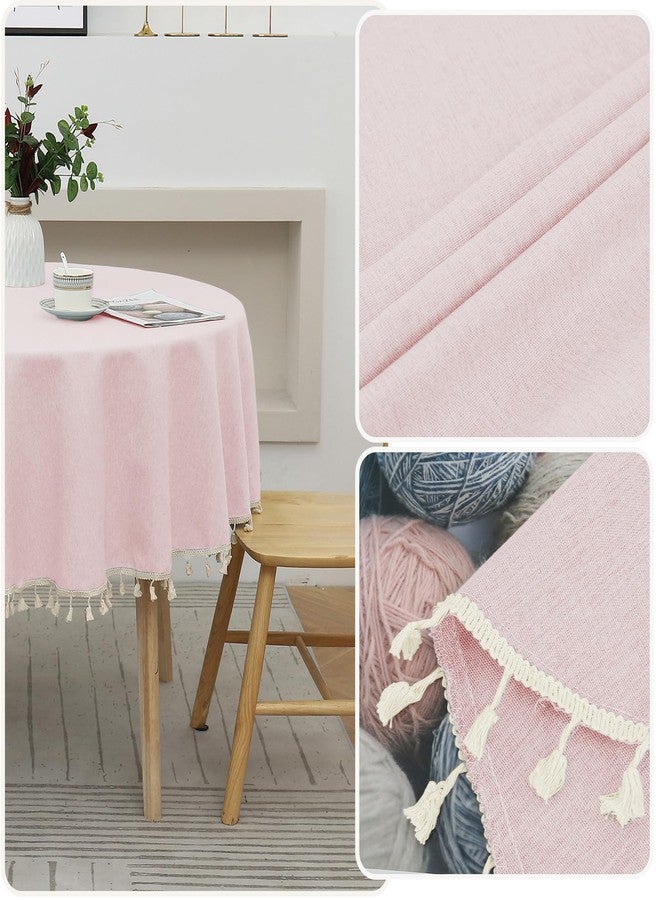 Qubjus Round Textured Tablecloth Waterproof Cotton Linen Tassel Wrinkle Free Washable Decorative Fabric Table Cover for Kitchen Dining Table, Round-48, Pink - Image 2