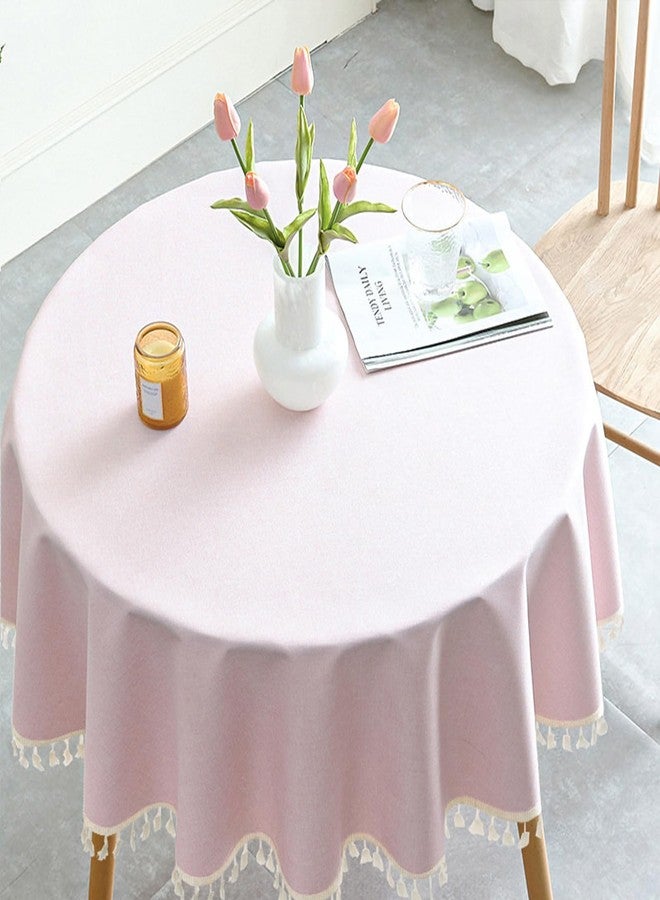 Qubjus Round Textured Tablecloth Waterproof Cotton Linen Tassel Wrinkle Free Washable Decorative Fabric Table Cover for Kitchen Dining Table, Round-48, Pink - Image 1