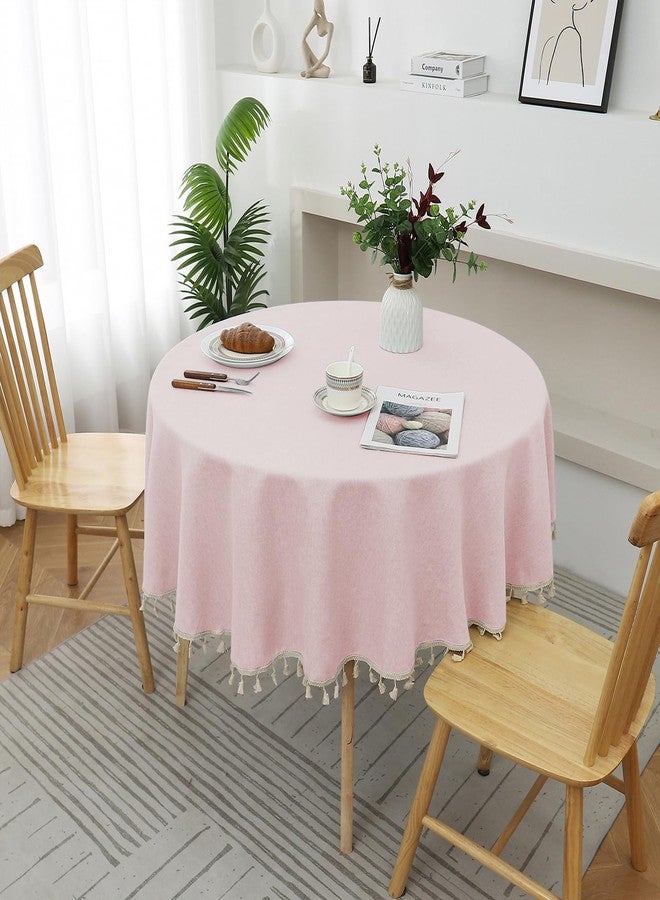 Qubjus Round Textured Tablecloth Waterproof Cotton Linen Tassel Wrinkle Free Washable Decorative Fabric Table Cover for Kitchen Dining Table, Round-48, Pink - Image 5