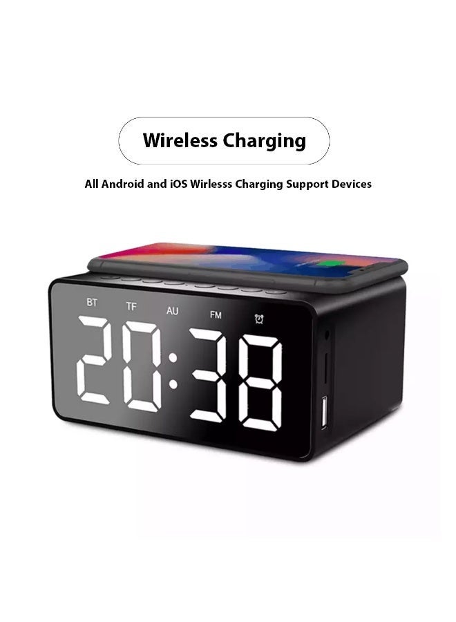 TEXEEM Digital Alarm Clock with Wireless Charging Pad, 1800mAh Battery, Bluetooth Speaker, LED Display, USB Output, Built-in Microphone for Phone Calls - Image 3
