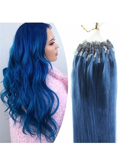 Micro Ring Loop Real Human Hair Extensions Blue Color For Women Silicone MicroBeads Link Extensions Remy Hair Fish Line Loop Micro Link Solid Color Bright Blue Hair 16inch 100Strands 40gr