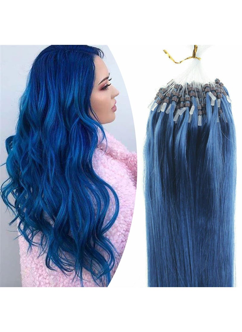 Yotty - Micro Ring Loop Real Human Hair Extensions Blue Color For Women Silicone MicroBeads Link Extensions Remy Hair Fish Line Loop Micro Link Solid Color Bright Blue Hair 16inch 100Strands 40gr - Image 1