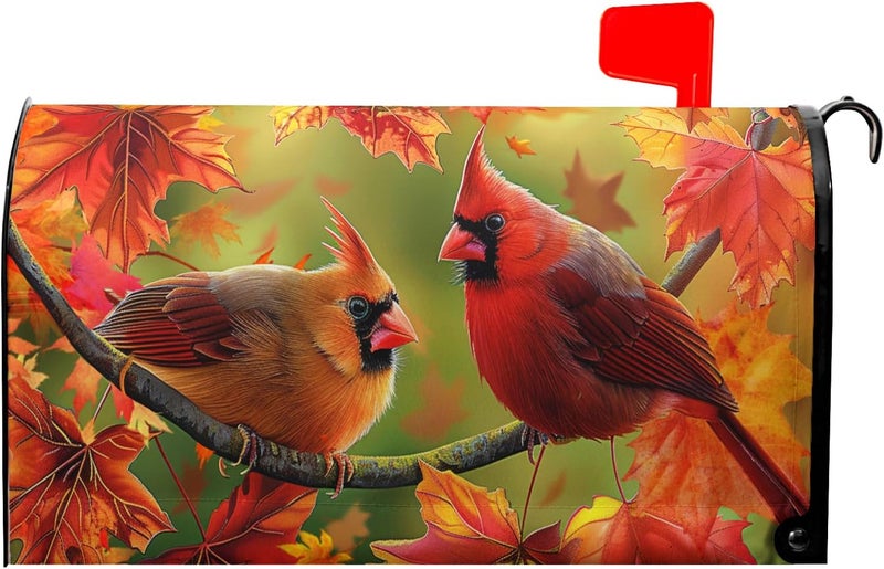 Granbey Autumn Bird Mailbox Cover Magnetic Standard Size 21x18 Inch Fall Red Birds with Maple Leaves Mailbox Covers Happy Holiday Thanksgiving Mailbox Post Cover Decor Letter Box Wraps for Outdoor Garden Yard - Image 1