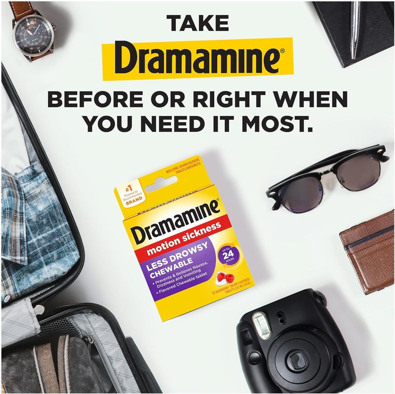 Dramamine أقراص قابلة للمضغ لتخفيف دوار الحركة، بنكهة كريمة التوت، 12 حبة، عبوتان - Image 4