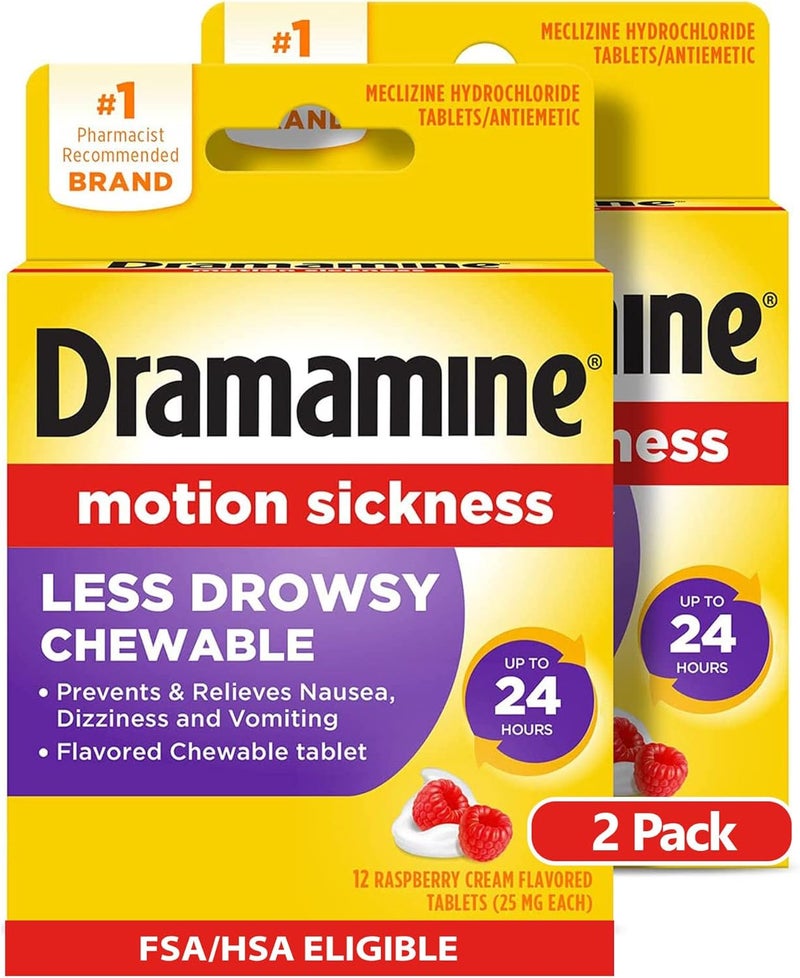Dramamine أقراص قابلة للمضغ لتخفيف دوار الحركة، بنكهة كريمة التوت، 12 حبة، عبوتان - Image 1