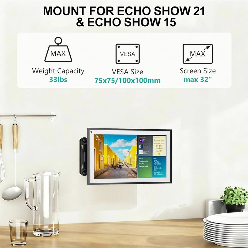 والي حامل لجهاز Echo Show 15، قوس حائط قابل للتعديل مع ذراع تمديد ثقيل مقاس 15 بوصة، قابل للدوران والميل والاستدارة لجهاز Alexa Echo Show 15، يحمل حتى 33 رطلاً، باللون الأسود - Image 4