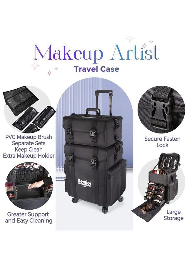 Kemier studio makeup case Omni-directional wheels 2 in 1 Professional Soft Sided,Removable,Artist Rolling Makeup Train Case,Cosmetic Organizer w/Storage Drawers 