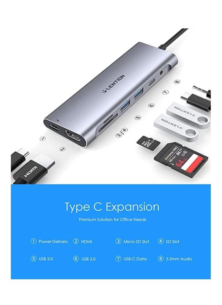 3.3FT Long Cable USB C Hub with 4K HDMI 2 USB 3.0 Card Reader Aux Type C Data Charging Compatible  MacBook Pro Mac Air Surface More Stable Driver Adapter CB C37 Space Gray