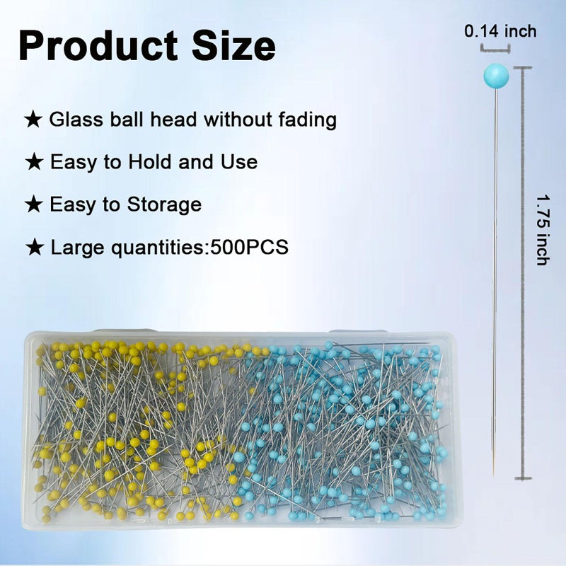 Hovesty 500 PCS Straight Pins, 1.75IN Sewing Pins Long Glass Ball Head Quilting Pins for Fabric, Stainless Steel Dressmaker for Sewing, Crafts, Jewelry Making, DIY(Yellow and Blue) - Image 2