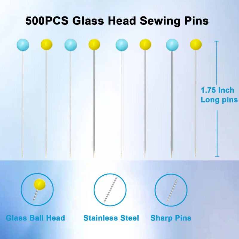 Hovesty 500 PCS Straight Pins, 1.75IN Sewing Pins Long Glass Ball Head Quilting Pins for Fabric, Stainless Steel Dressmaker for Sewing, Crafts, Jewelry Making, DIY(Yellow and Blue) - Image 3
