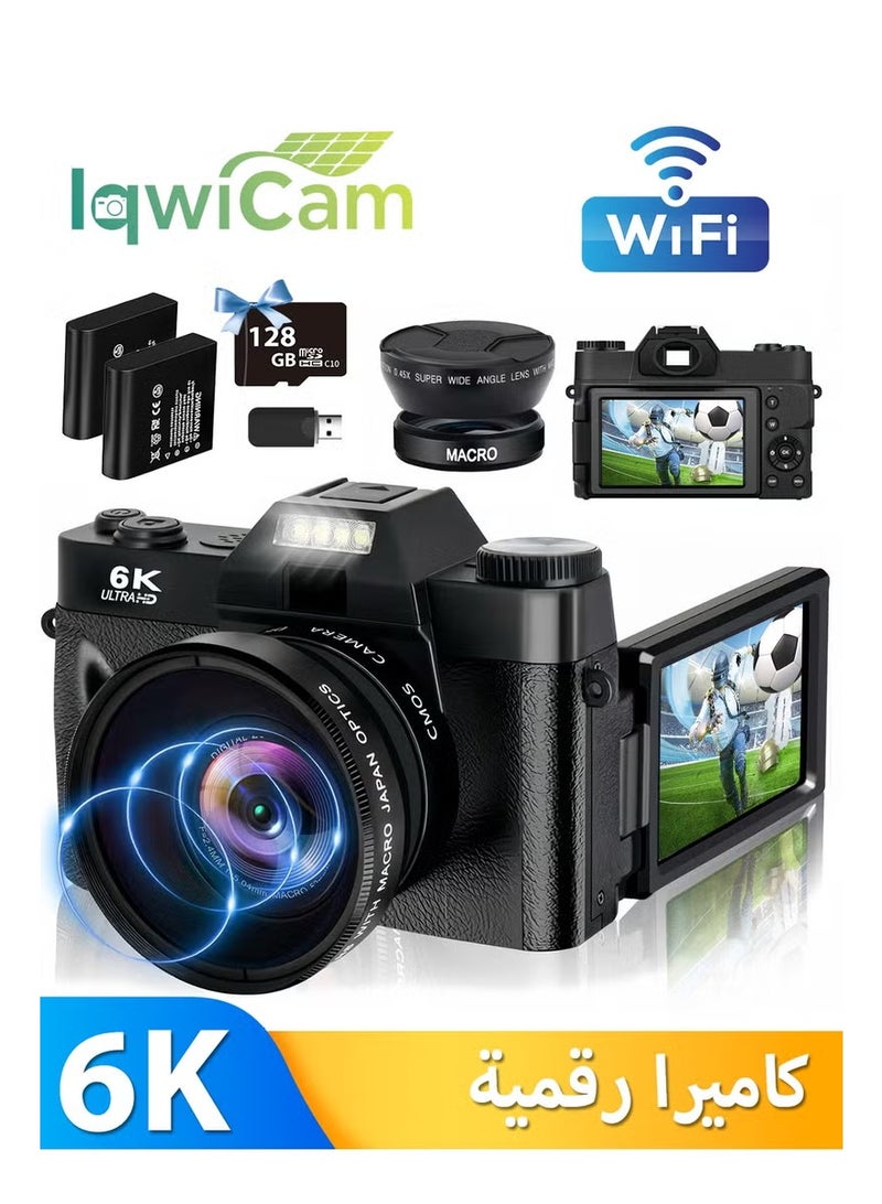 ZONBON 6K Digital Camera for Photography - Digital Cameras with 128G TF Card, 64MP WiFi Vlogging Cameras for YouTube with 3" 180° Flip Screen, 16X Digital Zoom Autofocus Vlog Travel Camara, Wide Angle & Macro Lens, 2 Batteries - Image 1