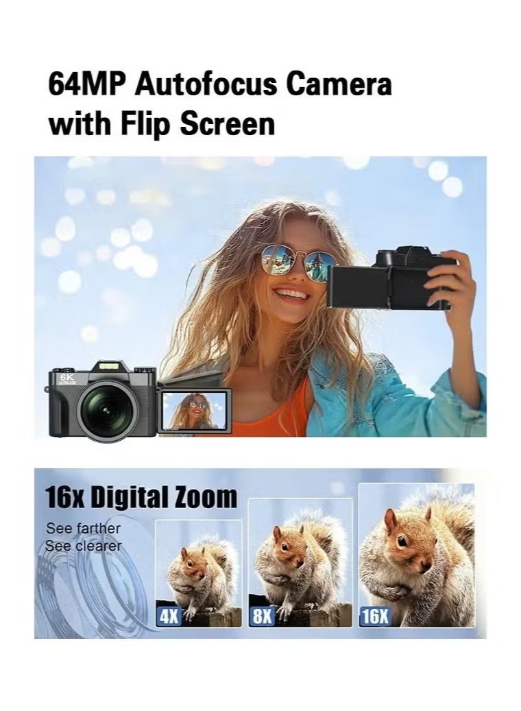 كاميرا رقمية 6K للتصوير - كاميرات رقمية مع بطاقة TF سعة 128 جيجابايت، وكاميرات فيديو مدونات واي فاي بدقة 64 ميجابكسل لليوتيوب مع شاشة قلابة 3 بوصات بزاوية 180 درجة، وكاميرا سفر مدونات فيديو بتركيز تلقائي 16X، وعدسة واسعة الزاوية وعدسة ماكرو، وبطاريتان - view 5