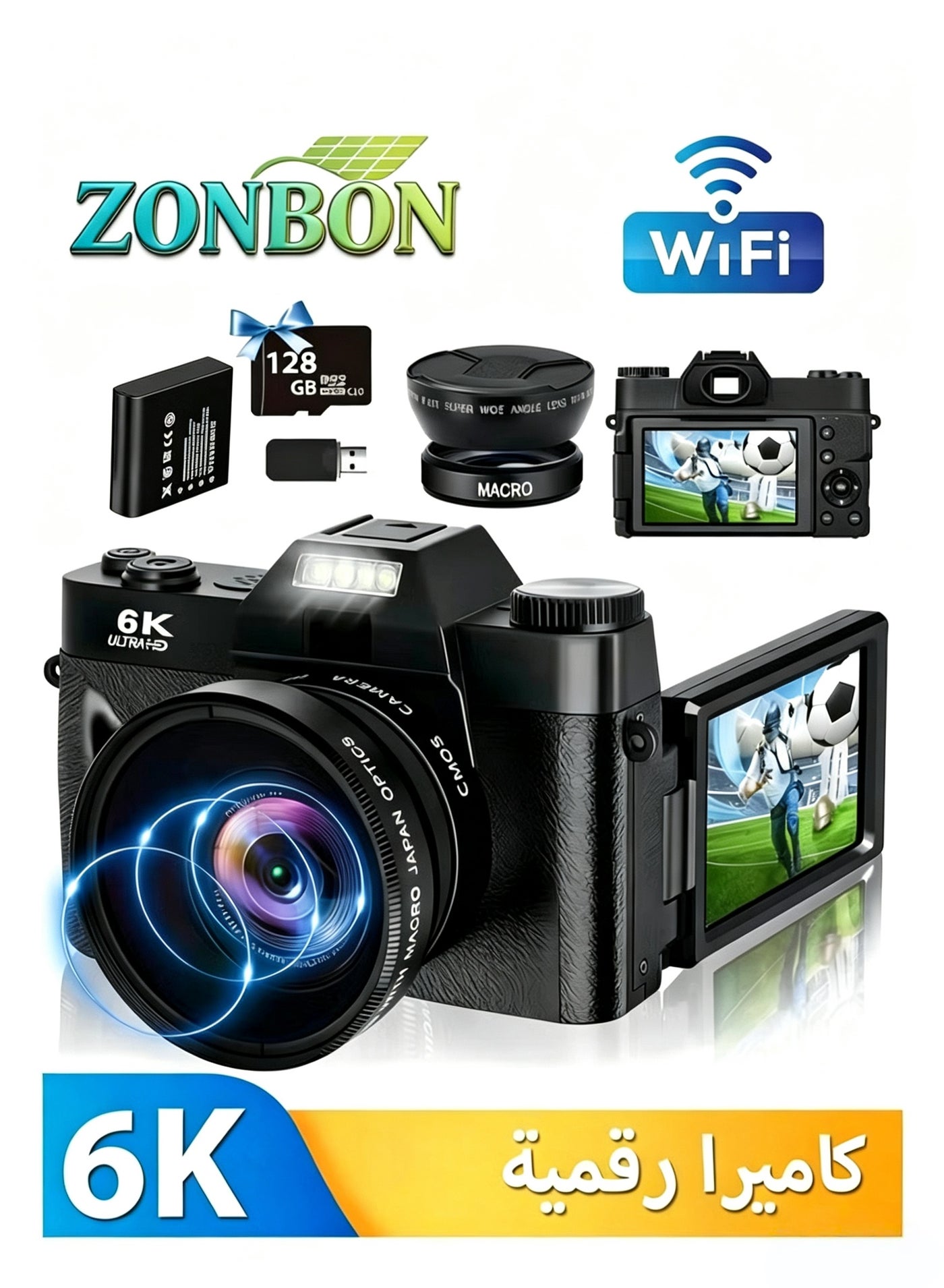 6K Digital Camera for Photography - Digital Cameras with 128G TF Card, 64MP WiFi Vlogging Cameras for YouTube with 3" 180° Flip Screen, 16X Digital Zoom Autofocus Vlog Travel Camara, Wide Angle & Macro Lens, 2 Batteries