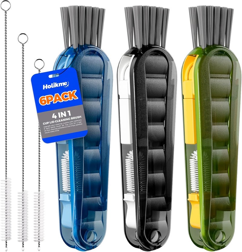 Holikme 6 Pack Holikme 4 in 1 Cup Lid Cleaning Brush Set with 3 Straws Multifunctional Bottle Brush Silicone Cup Lid Gap Cleaner Durable Bristle Crevice Cleaning Brush Multicolored - Image 1