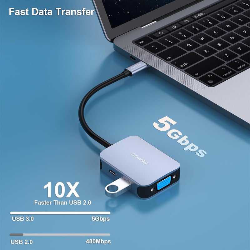 Benfei محور USB C 4 في 1، محول USB Type-C إلى HDMI VGA، محول USB C إلى USB، توصيل طاقة USB Type-C، متوافق مع iPhone 15 Pro/Max، MacBook Pro/Air 2023، iPad Pro، iMac، S23، XPS 17 - Image 4