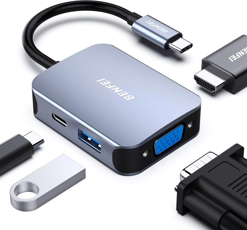 Benfei محور USB C 4 في 1، محول USB Type-C إلى HDMI VGA، محول USB C إلى USB، توصيل طاقة USB Type-C، متوافق مع iPhone 15 Pro/Max، MacBook Pro/Air 2023، iPad Pro، iMac، S23، XPS 17 - Image 1