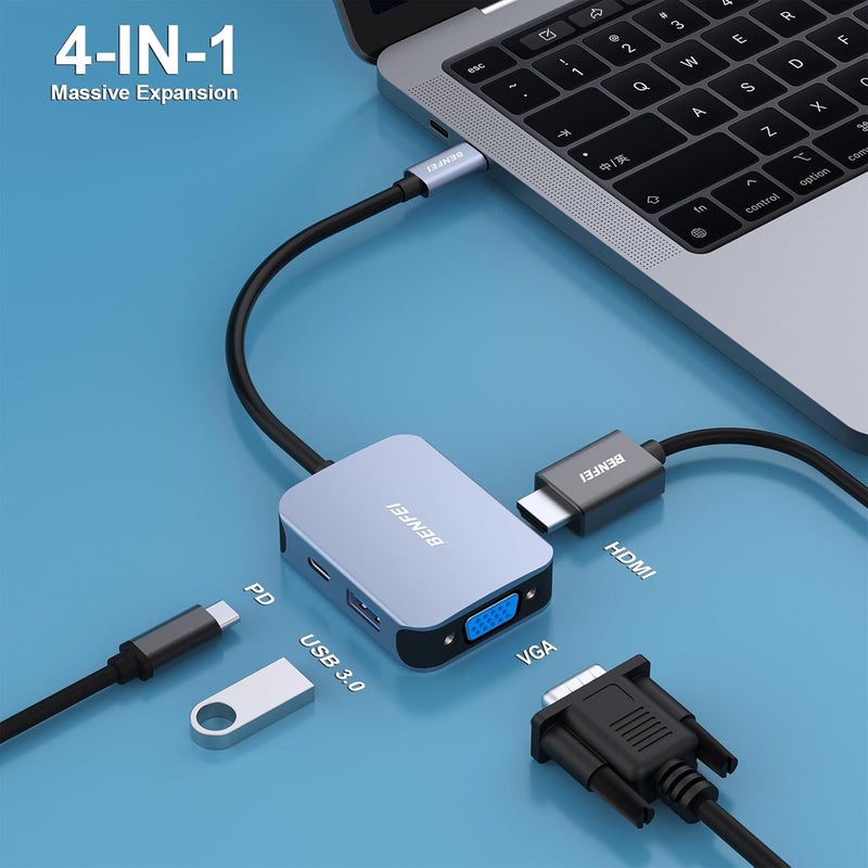 Benfei محور USB C 4 في 1، محول USB Type-C إلى HDMI VGA، محول USB C إلى USB، توصيل طاقة USB Type-C، متوافق مع iPhone 15 Pro/Max، MacBook Pro/Air 2023، iPad Pro، iMac، S23، XPS 17 - Image 2