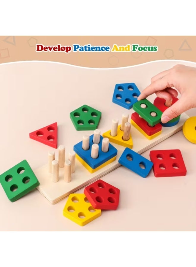 Capstro Wooden Shape Sorting & Stacking Toy – Kids Learning Board with Five Columns for Color, Shape Matching & Fine Motor Skills | Montessori Hands-On Educational Toy for Toddlers – Five Column Set - Image 2