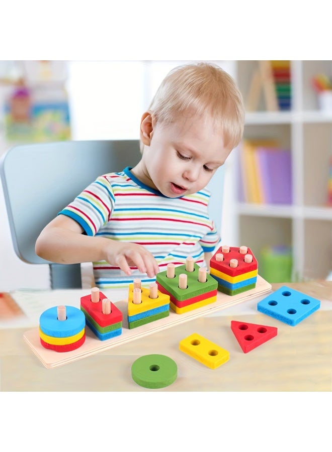 Capstro Wooden Shape Sorting & Stacking Toy – Kids Learning Board with Five Columns for Color, Shape Matching & Fine Motor Skills | Montessori Hands-On Educational Toy for Toddlers – Five Column Set - Image 3