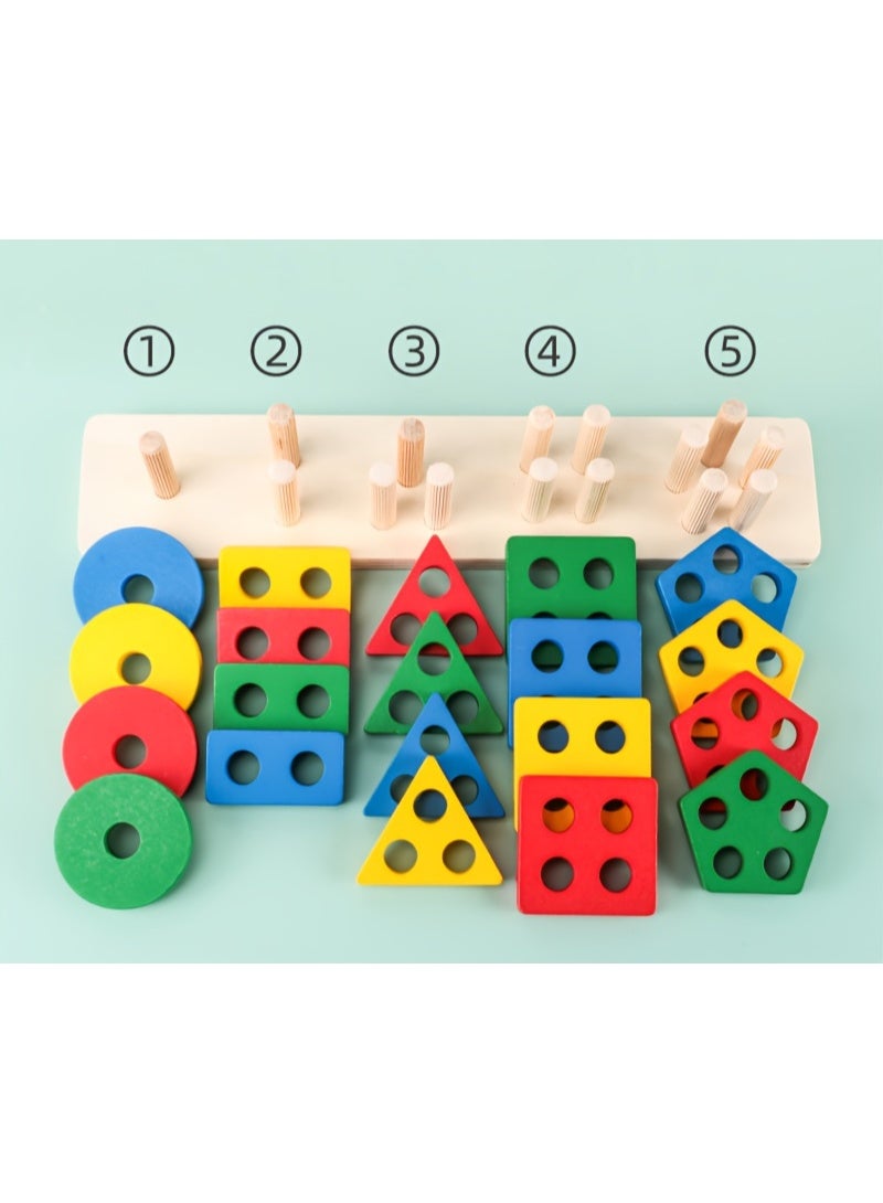 Capstro Wooden Shape Sorting & Stacking Toy – Kids Learning Board with Five Columns for Color, Shape Matching & Fine Motor Skills | Montessori Hands-On Educational Toy for Toddlers – Five Column Set - Image 4