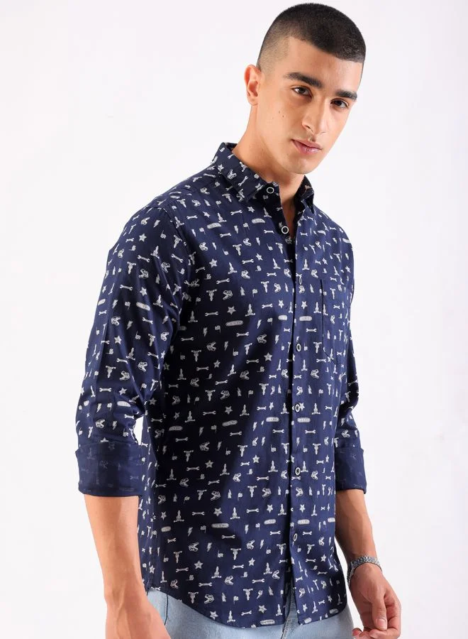 شركة المرآب الهندية Men Slim Fit Conversational Printed Full Sleeves Cutaway Collar Casual Shirt