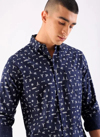 شركة المرآب الهندية Men Slim Fit Conversational Printed Full Sleeves Cutaway Collar Casual Shirt
