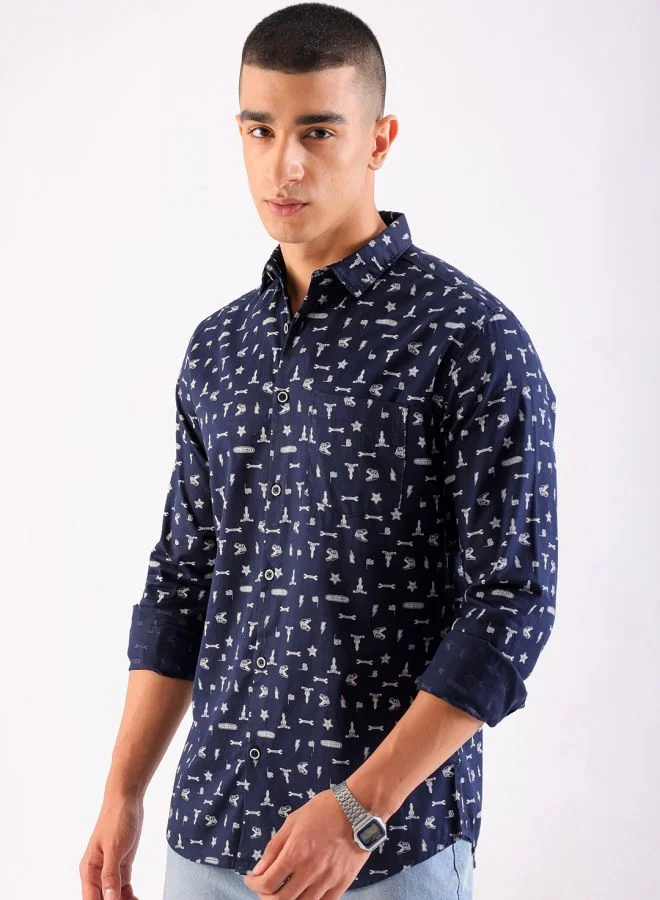 شركة المرآب الهندية Men Slim Fit Conversational Printed Full Sleeves Cutaway Collar Casual Shirt