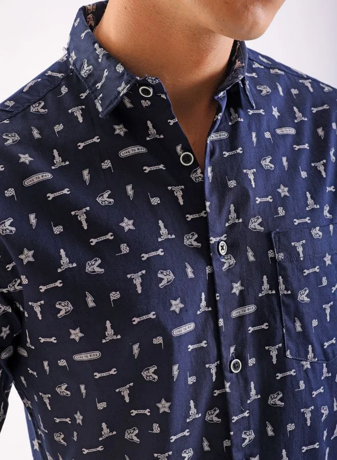 شركة المرآب الهندية Men Slim Fit Conversational Printed Full Sleeves Cutaway Collar Casual Shirt