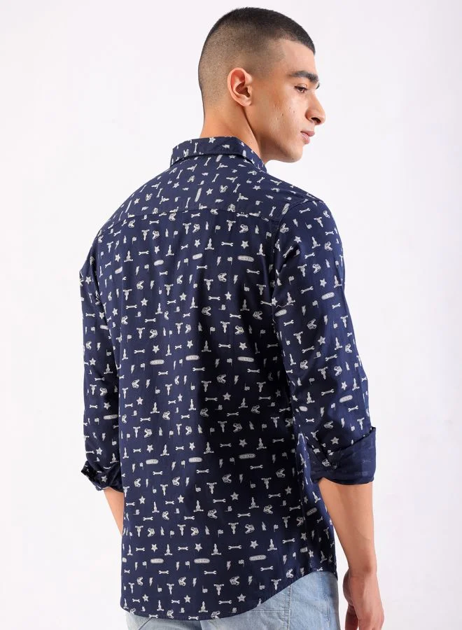 شركة المرآب الهندية Men Slim Fit Conversational Printed Full Sleeves Cutaway Collar Casual Shirt
