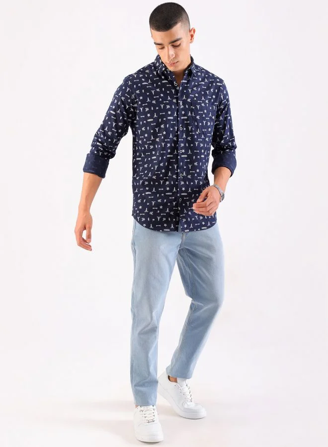 شركة المرآب الهندية Men Slim Fit Conversational Printed Full Sleeves Cutaway Collar Casual Shirt