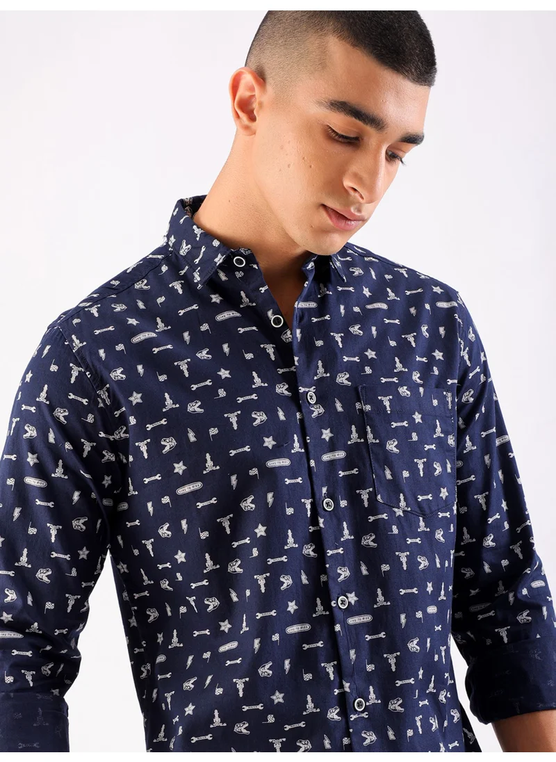 The Indian Garage Co Navy Slim Fit Casual Printed Shirt