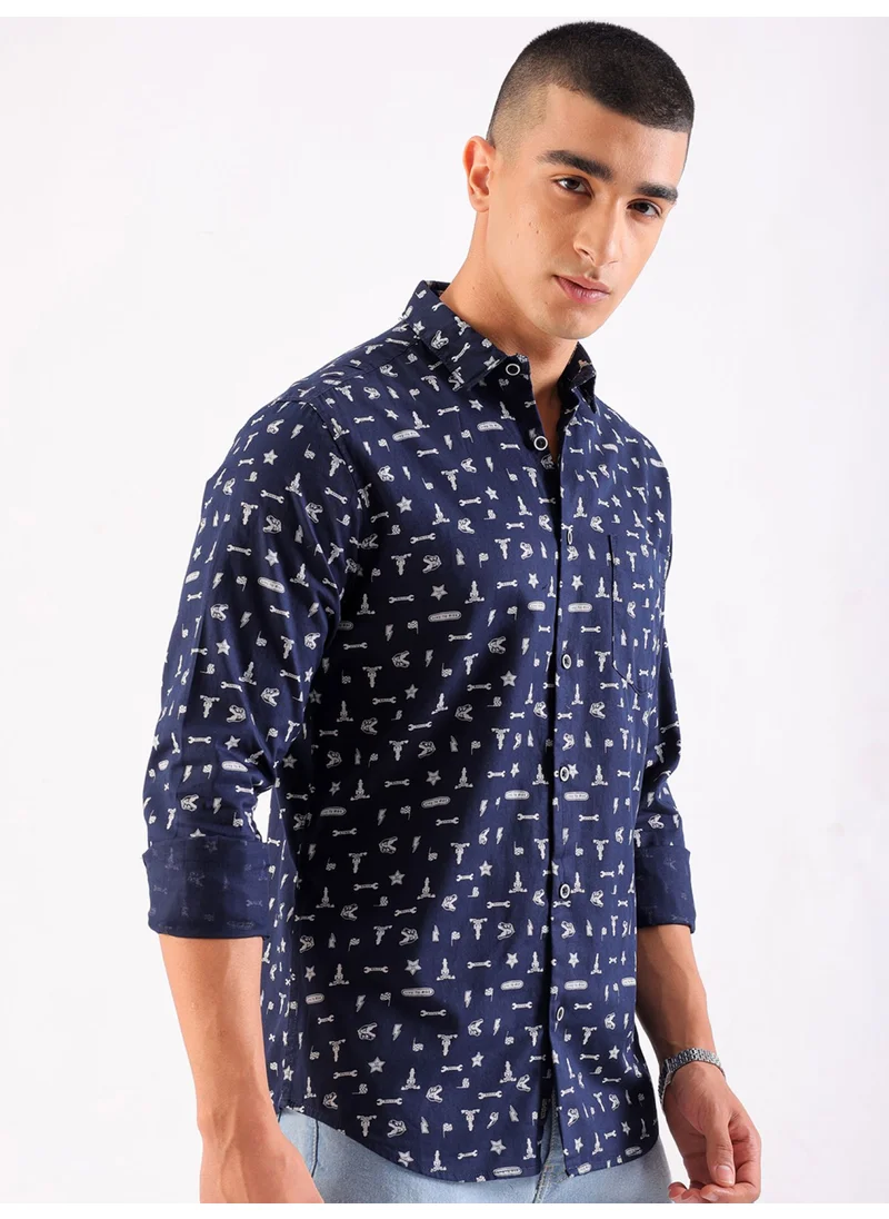 The Indian Garage Co Navy Slim Fit Casual Printed Shirt