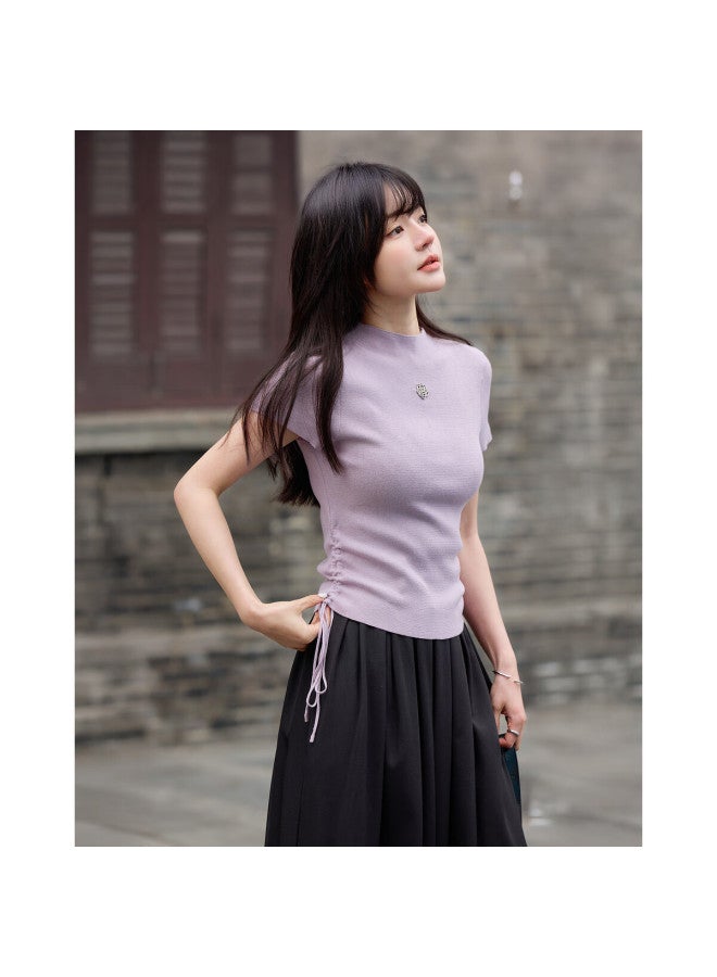 Mt [drawn Double C Waist] Spring And Autumn Semi-high Round Neck Side Seam Drawstring Sweater Rose Metal Knit Sweater Women's Top - Image 2