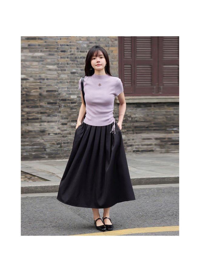 Mt [drawn Double C Waist] Spring And Autumn Semi-high Round Neck Side Seam Drawstring Sweater Rose Metal Knit Sweater Women's Top - Image 3