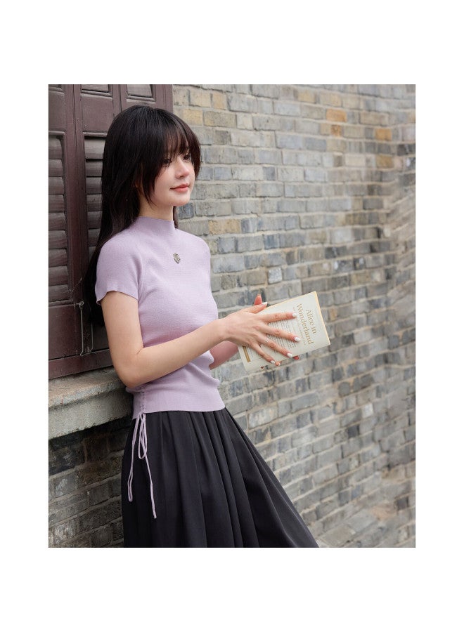 Mt [drawn Double C Waist] Spring And Autumn Semi-high Round Neck Side Seam Drawstring Sweater Rose Metal Knit Sweater Women's Top - Image 4