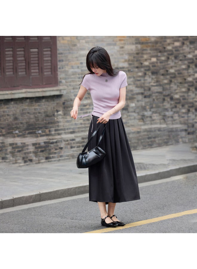 Mt [drawn Double C Waist] Spring And Autumn Semi-high Round Neck Side Seam Drawstring Sweater Rose Metal Knit Sweater Women's Top - Image 1