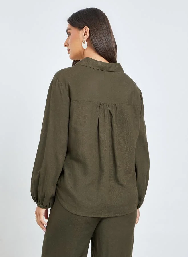 Styli  Olive Solid Balloon Sleeves Shirt for Women | Best Price UAE