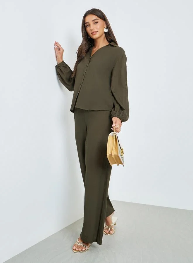 Styli Olive Solid Balloon Sleeves Shirt
