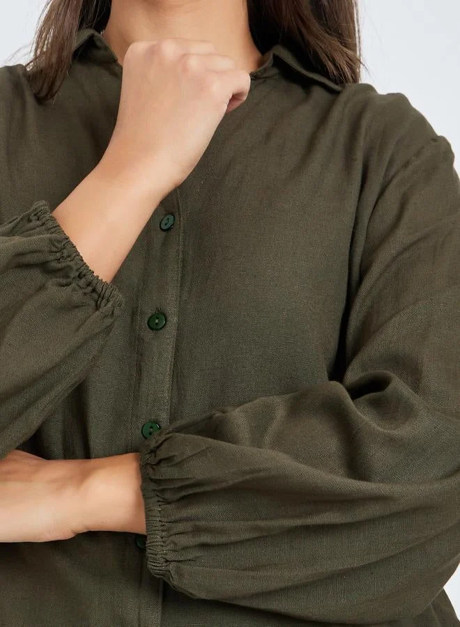 Styli  Olive Solid Balloon Sleeves Shirt for Women | Best Price UAE