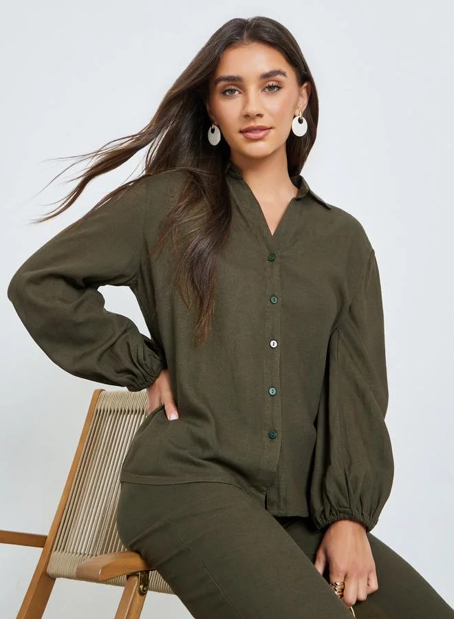 Styli  Olive Solid Balloon Sleeves Shirt for Women | Best Price UAE
