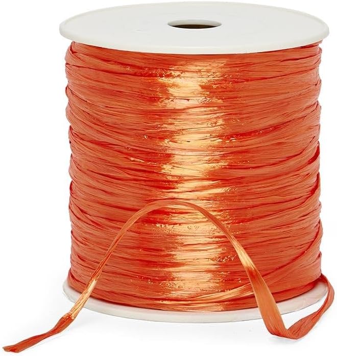 Orange Raffia Ribbon, Metallic Finish, Orange Raffia 1/4 Inch Wide, 100 Yard Craft Ribbon Roll
