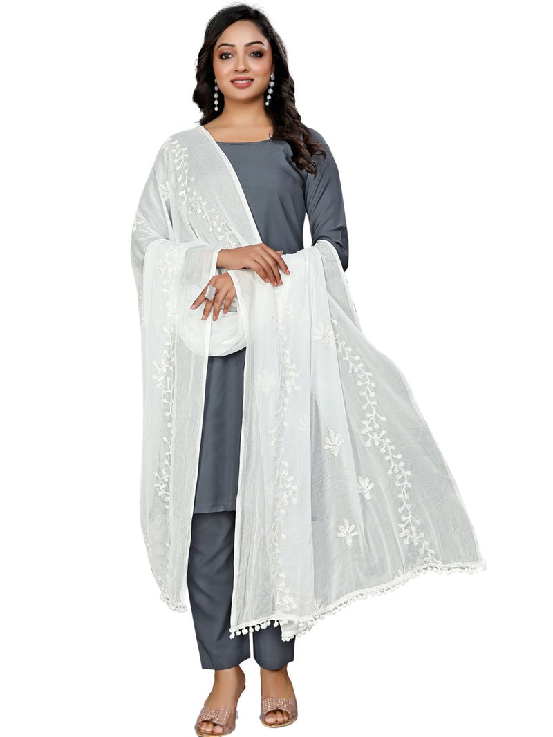 KEMZA Women's Chiffon Phulkari Floral Dupatta with Lace Border – Soft & Lightweight (White) - Image 1